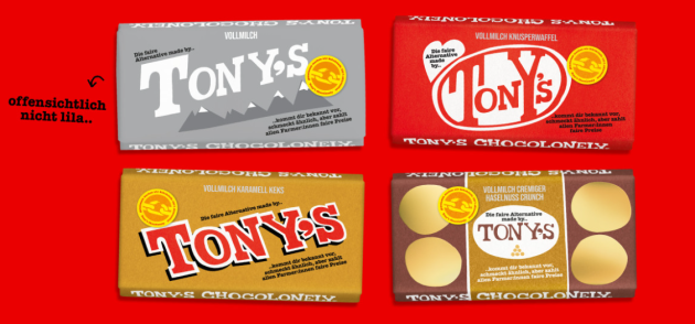 Mondelez verklagt Tony's Schoko-Nachahmung - Die zuvor lilane Verpackung der Milka-Nachahmung ist auf der Webseite von Tony's Chocolonely inzwischen als "offensichtlich nicht lila" abgebildet - Quelle: Screenshot Webseite tonyschocolonely.com